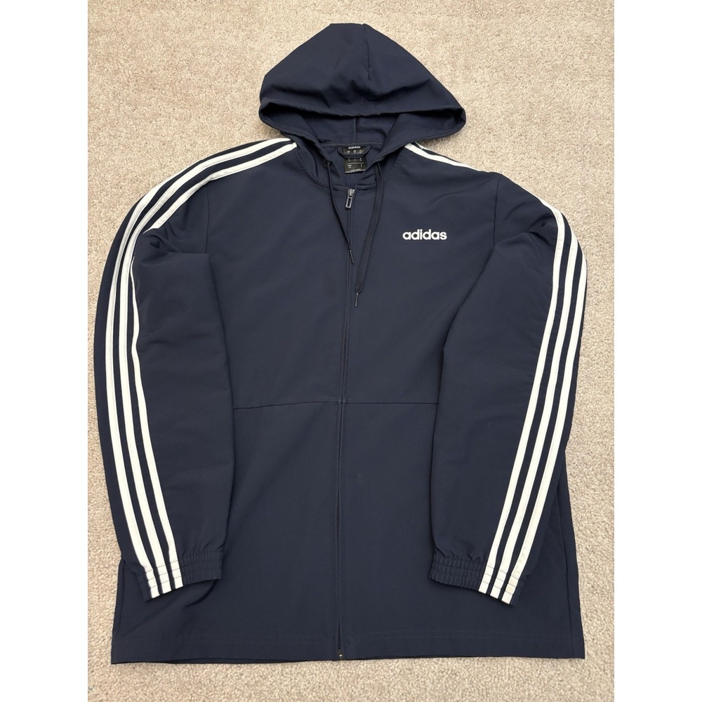 Men's Adidas 3 Stripes Blue Full Zip Hooded Jacket Preppy Soccer Size Medium